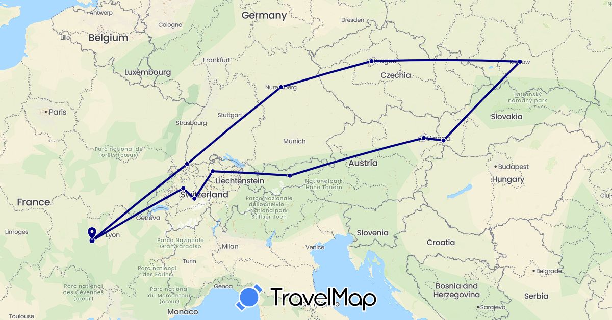 TravelMap itinerary: driving in Austria, Switzerland, Czech Republic, Germany, France, Poland, Slovakia (Europe)